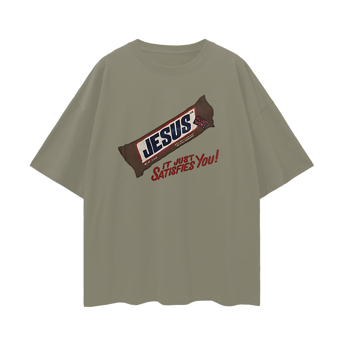 Religious Jesus Snicker Bar "It Just Satisfies You" Graphic Oversized T Shirt