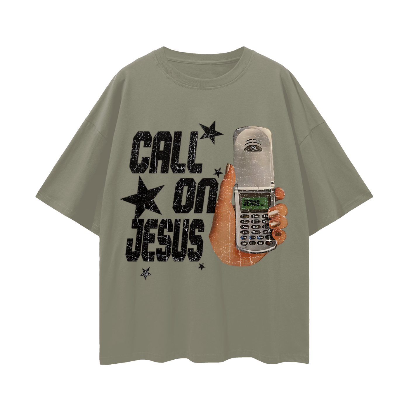 Religious Call On Jesus Cell Phone Y2K Vintage Like Graphic Oversized T Shirt