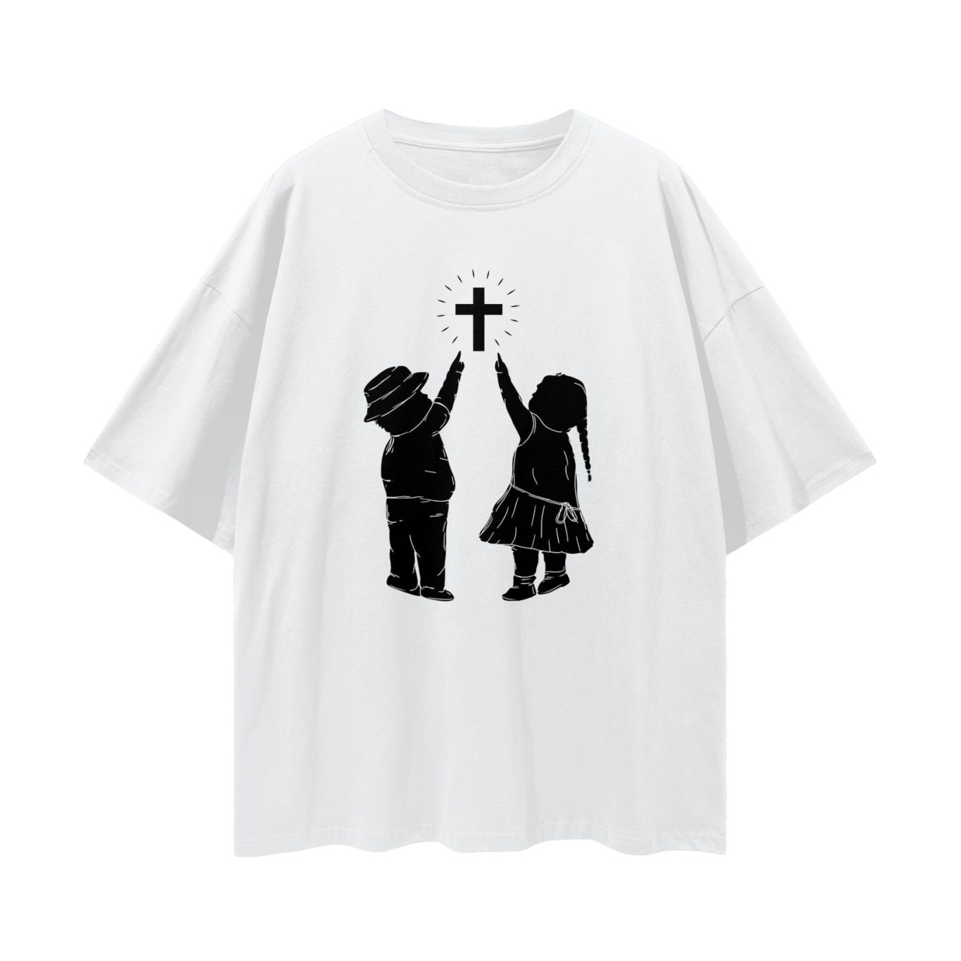 Religious Jesus Children Pointing To Cross Graphic Oversized T Shirt