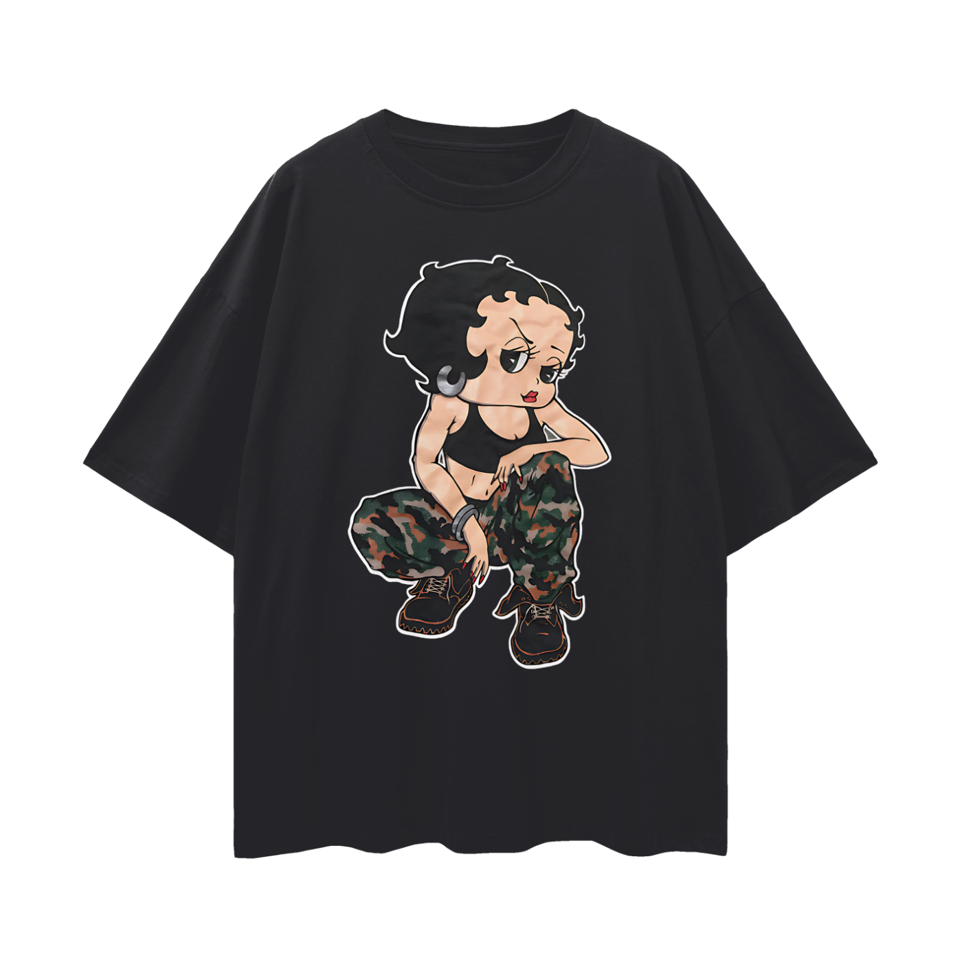 Vintage Like Betty Boop Soldier Camo Star Oversized T Shirt