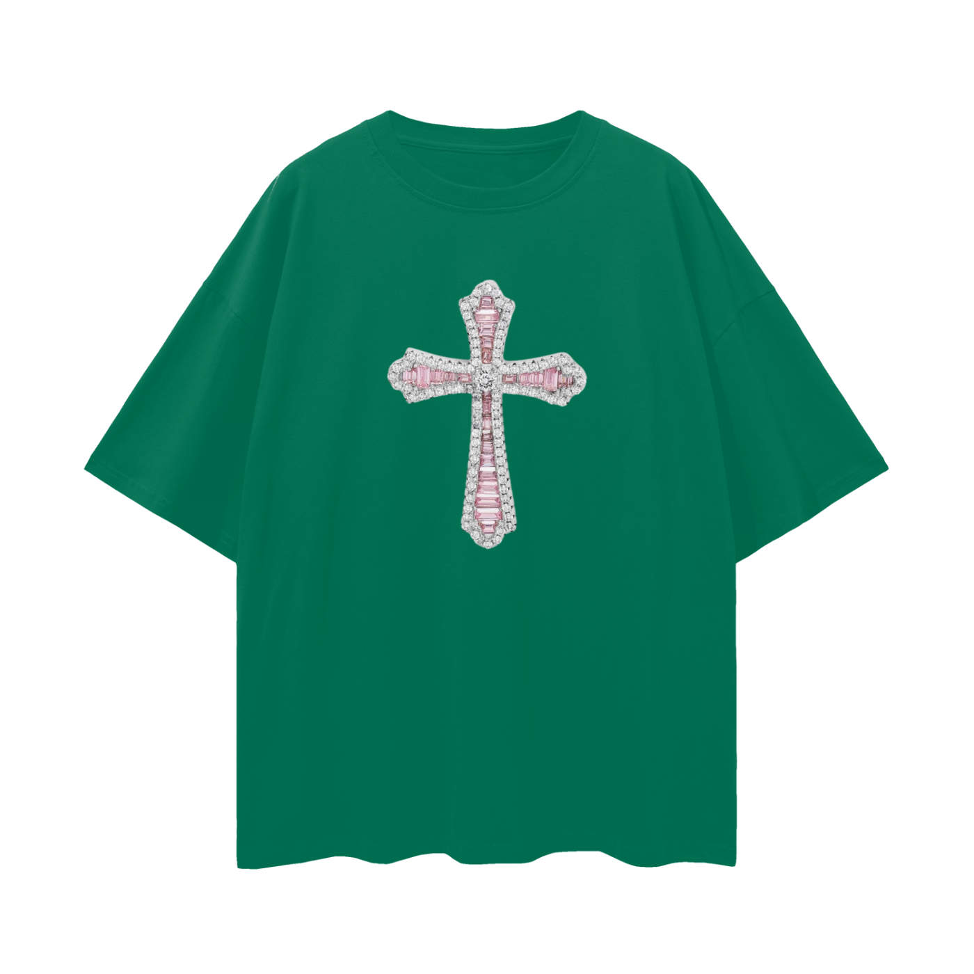 Vintage Like Religious Pink Cross Diamond Blinged Out Graphic Oversized T Shirt