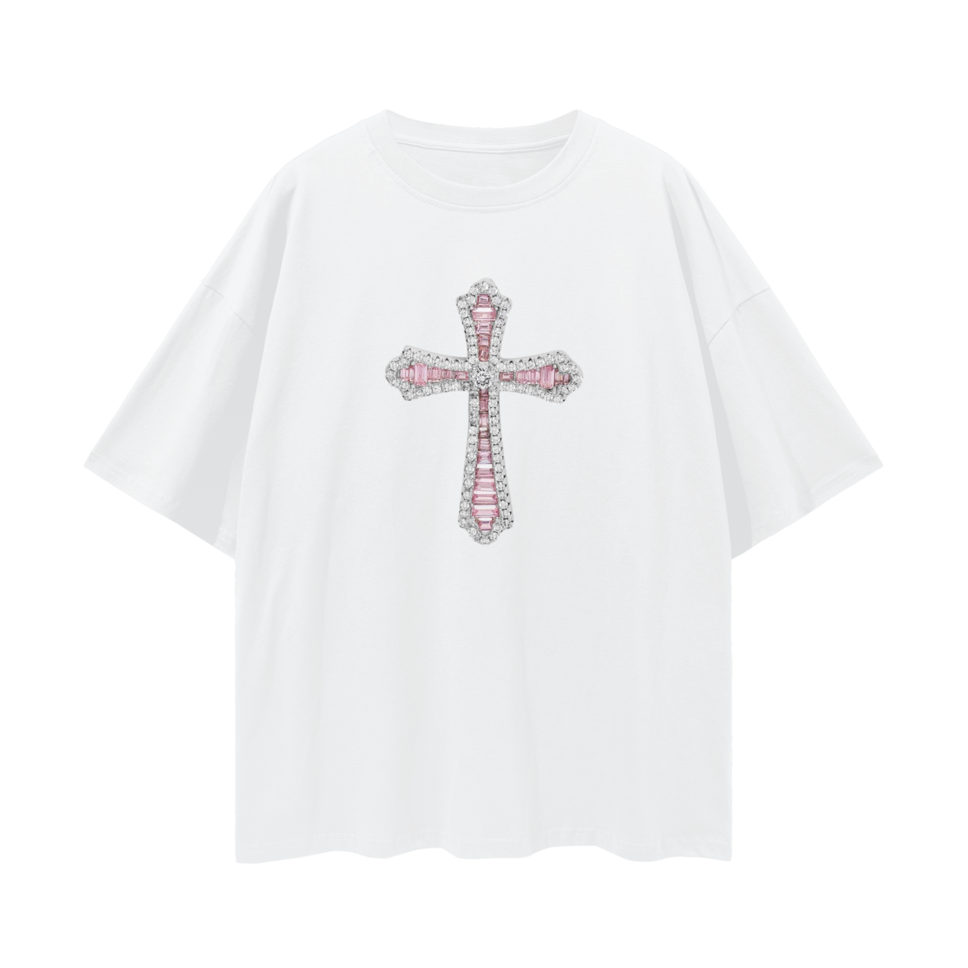 Vintage Like Religious Pink Cross Diamond Blinged Out Graphic Oversized T Shirt