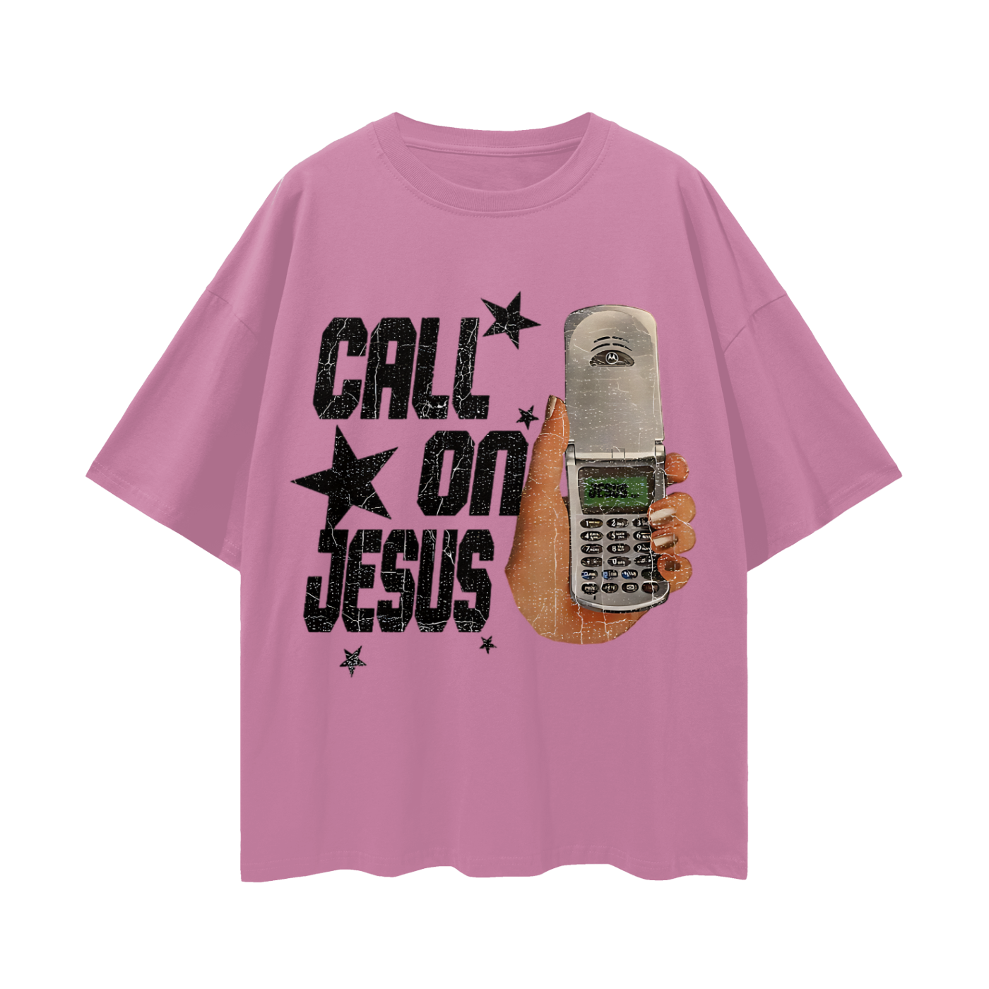 Religious Call On Jesus Cell Phone Y2K Vintage Like Graphic Oversized T Shirt