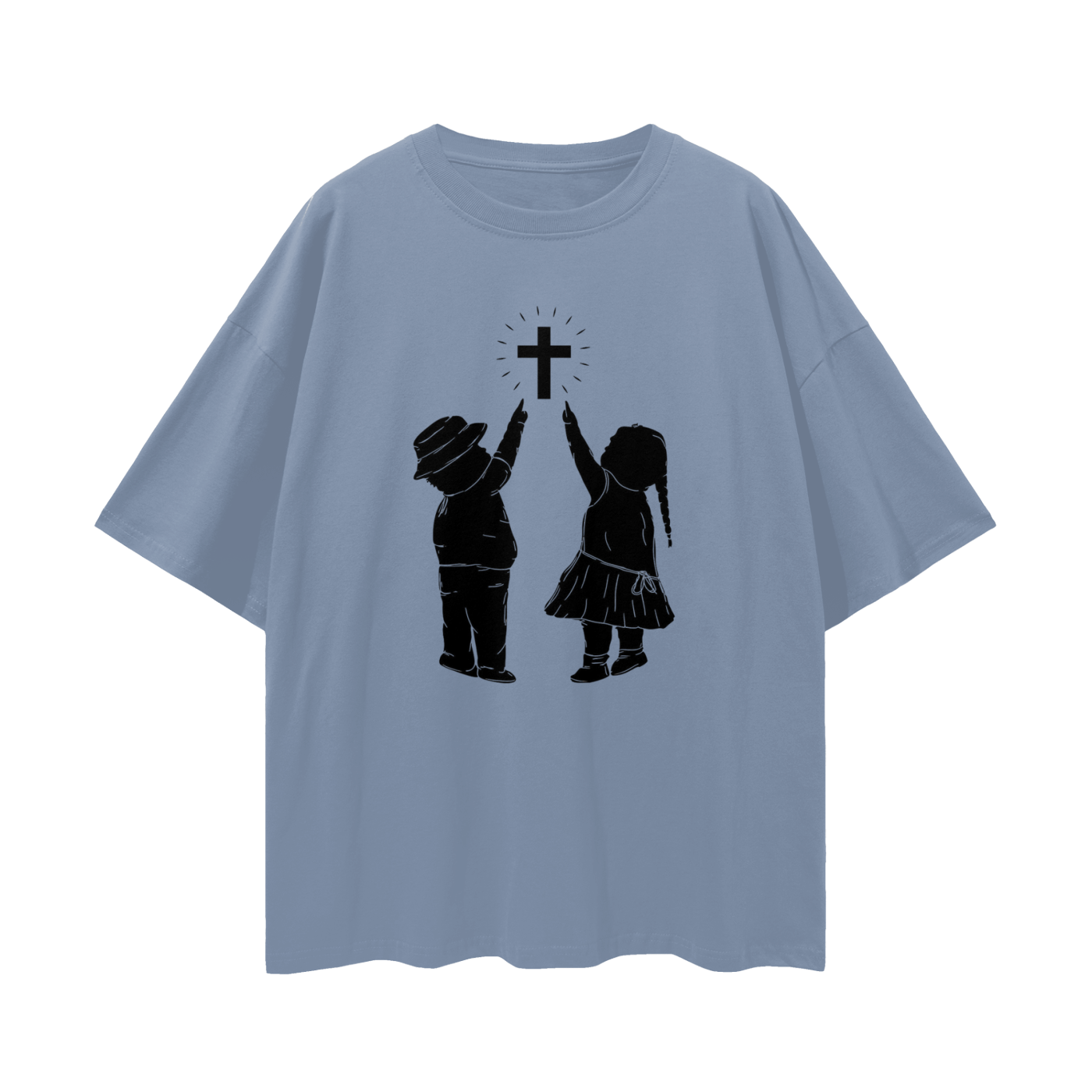 Religious Jesus Children Pointing To Cross Graphic Oversized T Shirt