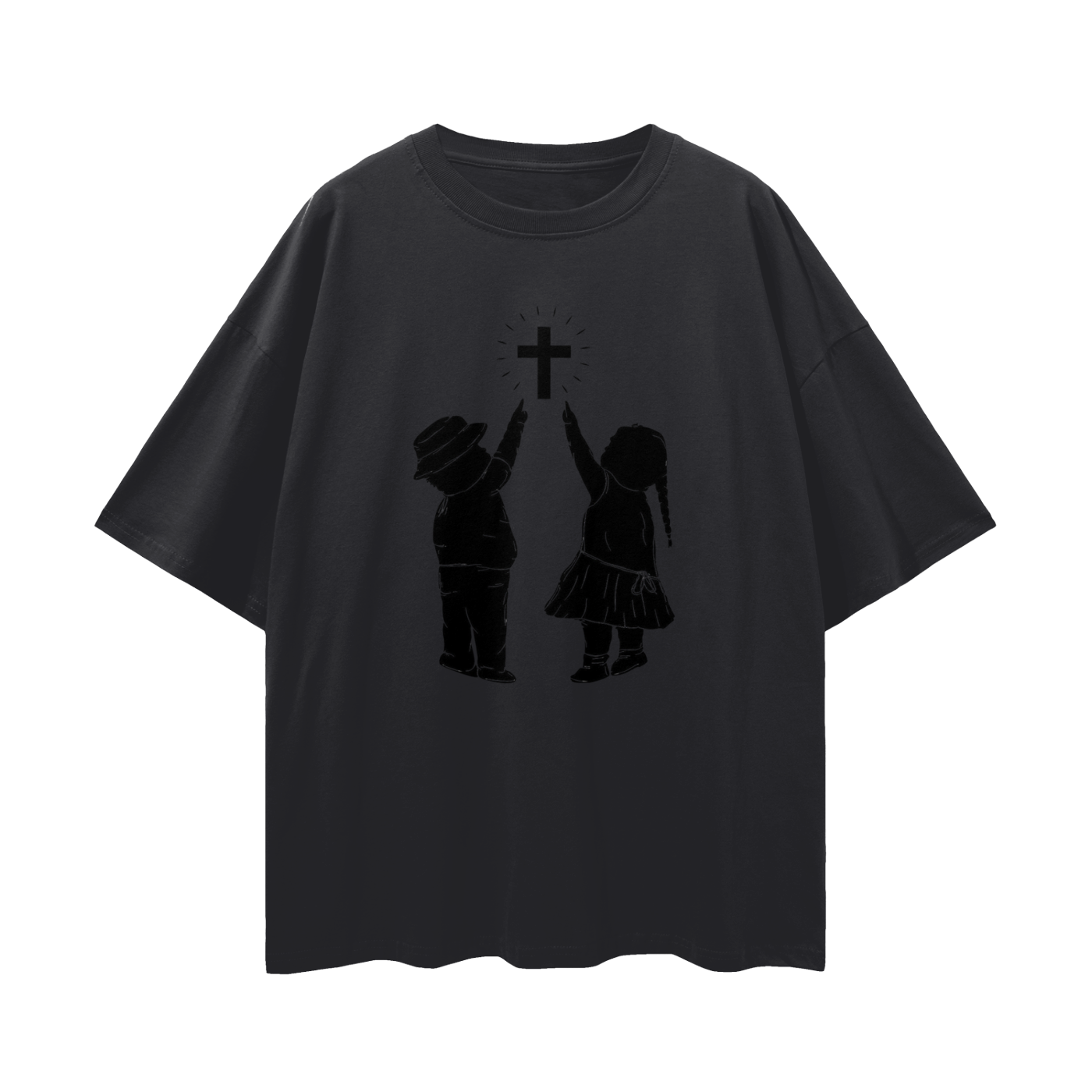 Religious Jesus Children Pointing To Cross Graphic Oversized T Shirt