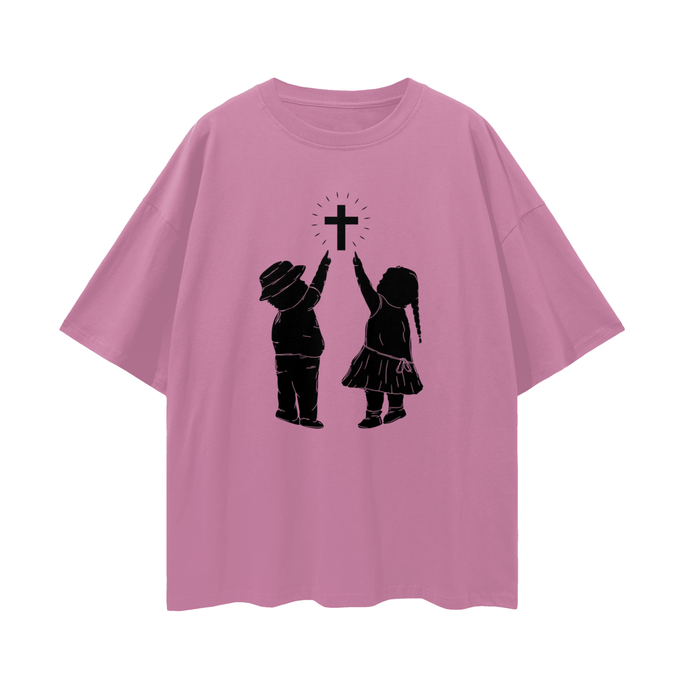 Religious Jesus Children Pointing To Cross Graphic Oversized T Shirt