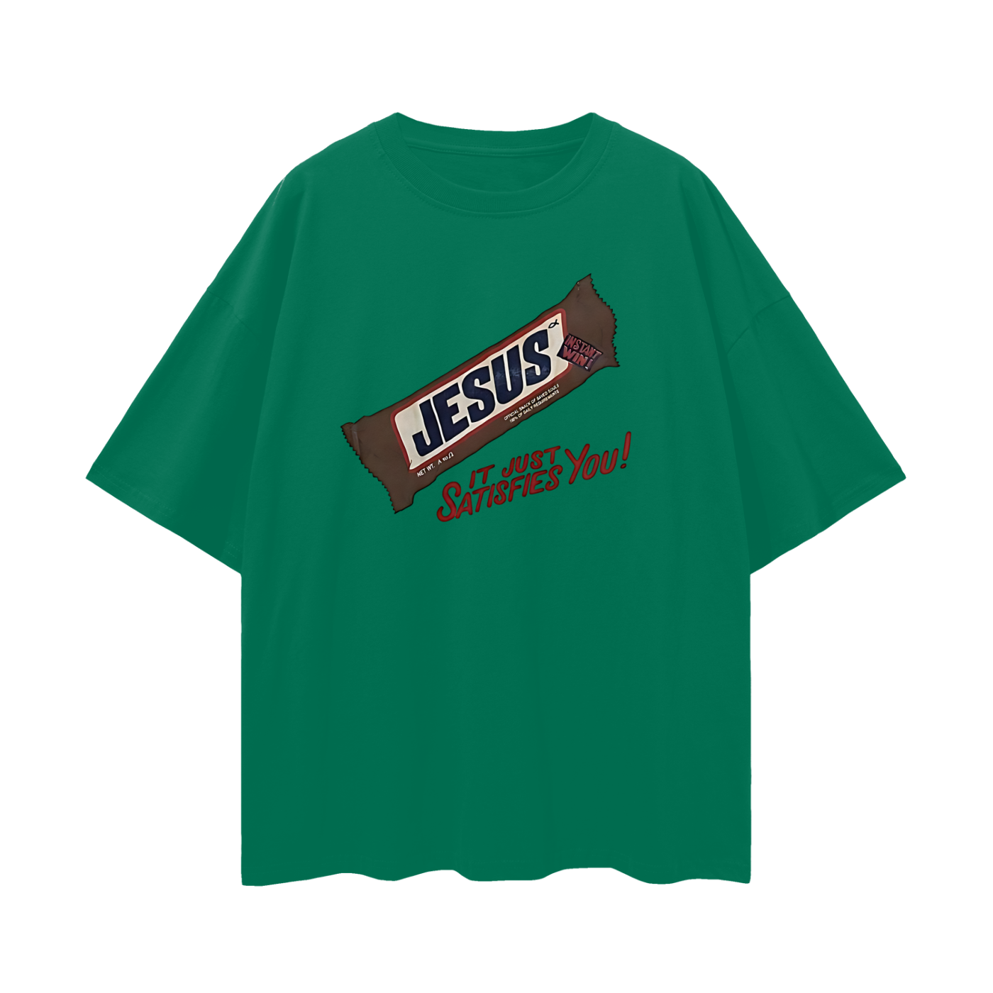 Religious Jesus Snicker Bar "It Just Satisfies You" Graphic Oversized T Shirt