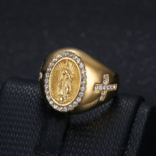 Virgin Mary Gold Rhinestone Ring