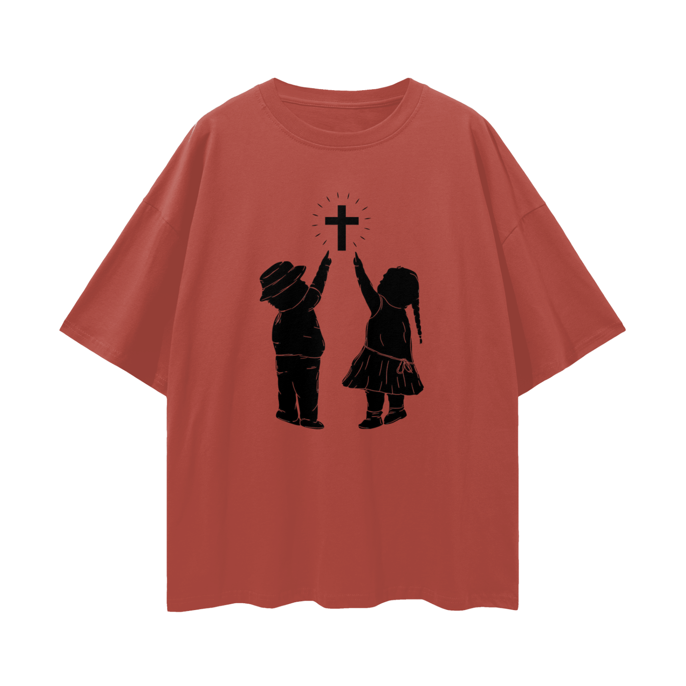 Religious Jesus Children Pointing To Cross Graphic Oversized T Shirt
