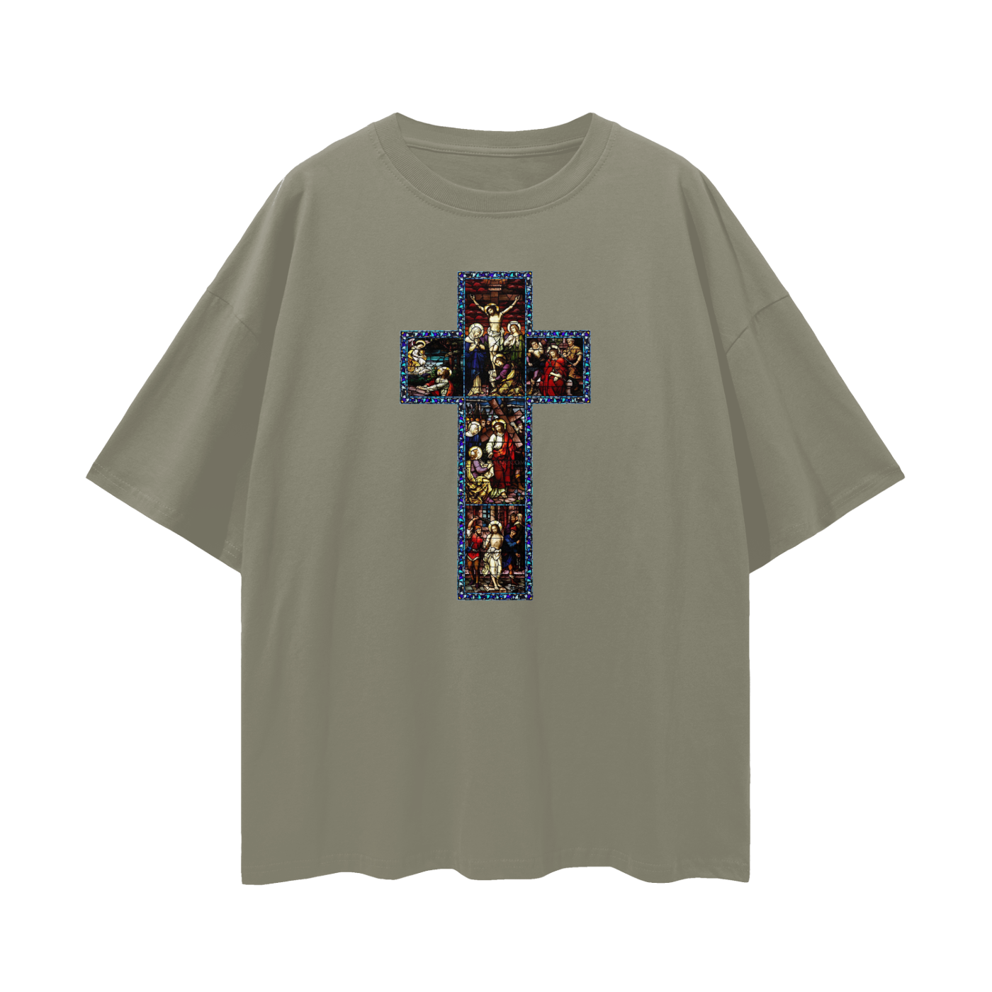 Religious Jesus Cathedral Glass Graphic Oversized T Shirt