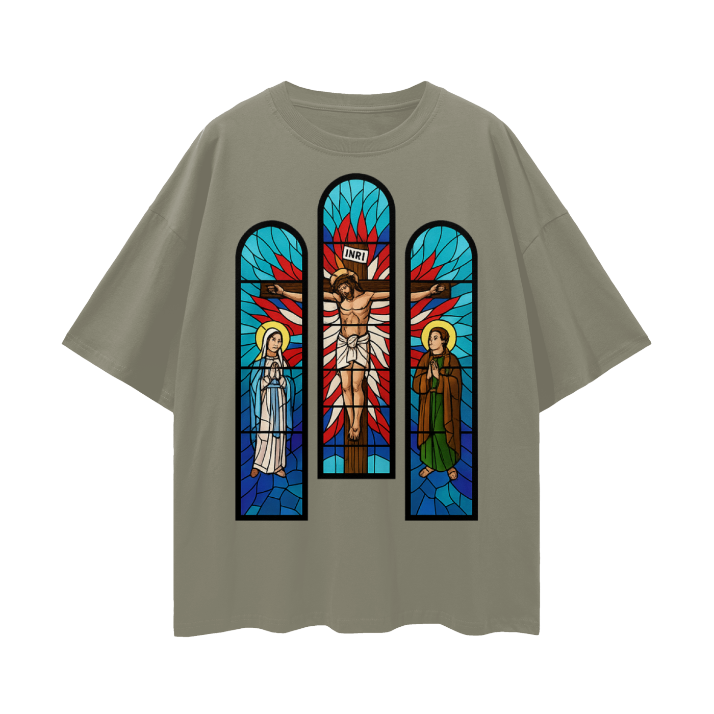 Religious Jesus Cathedral Glass Graphic Oversized T Shirt
