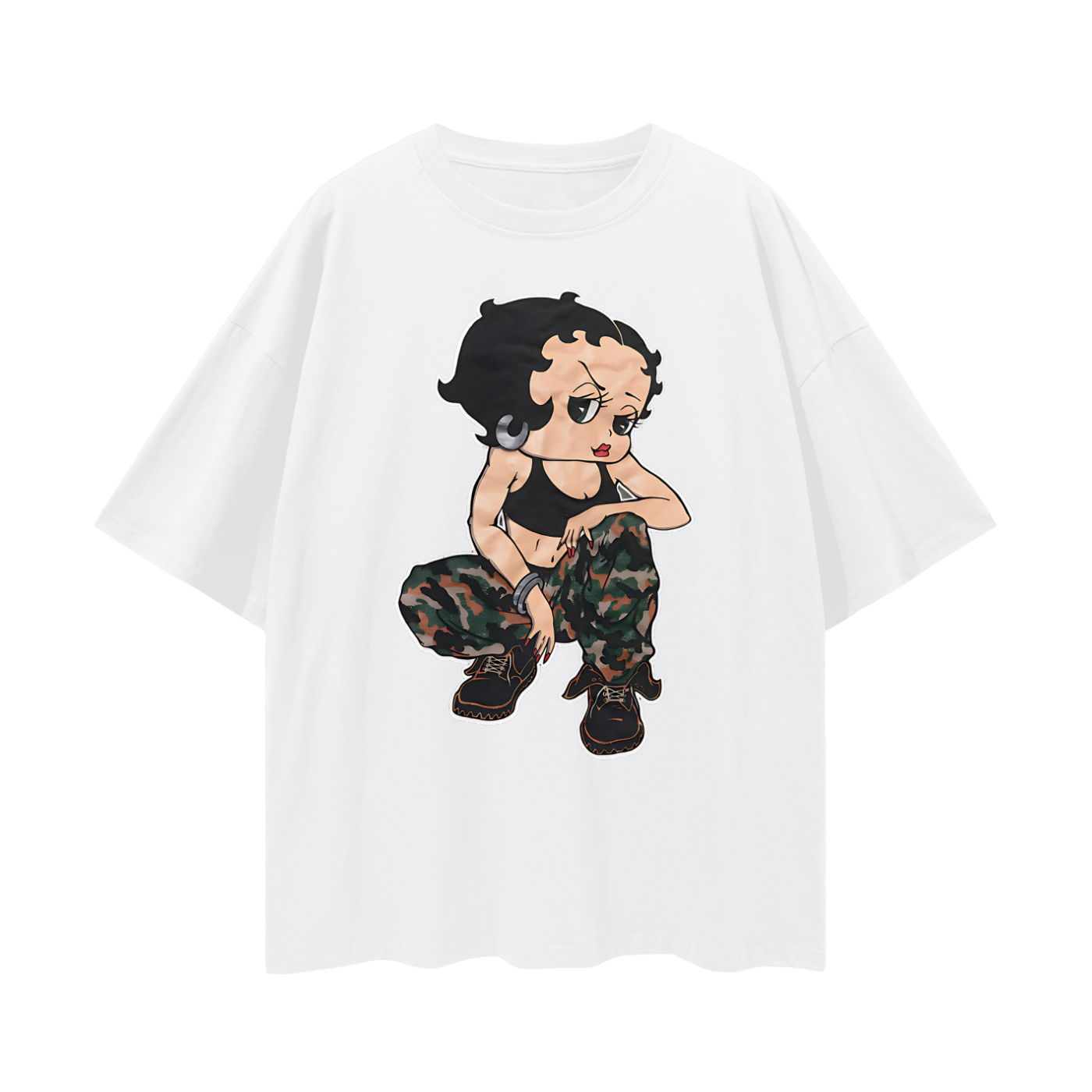 Vintage Like Betty Boop Soldier Camo Star Oversized T Shirt