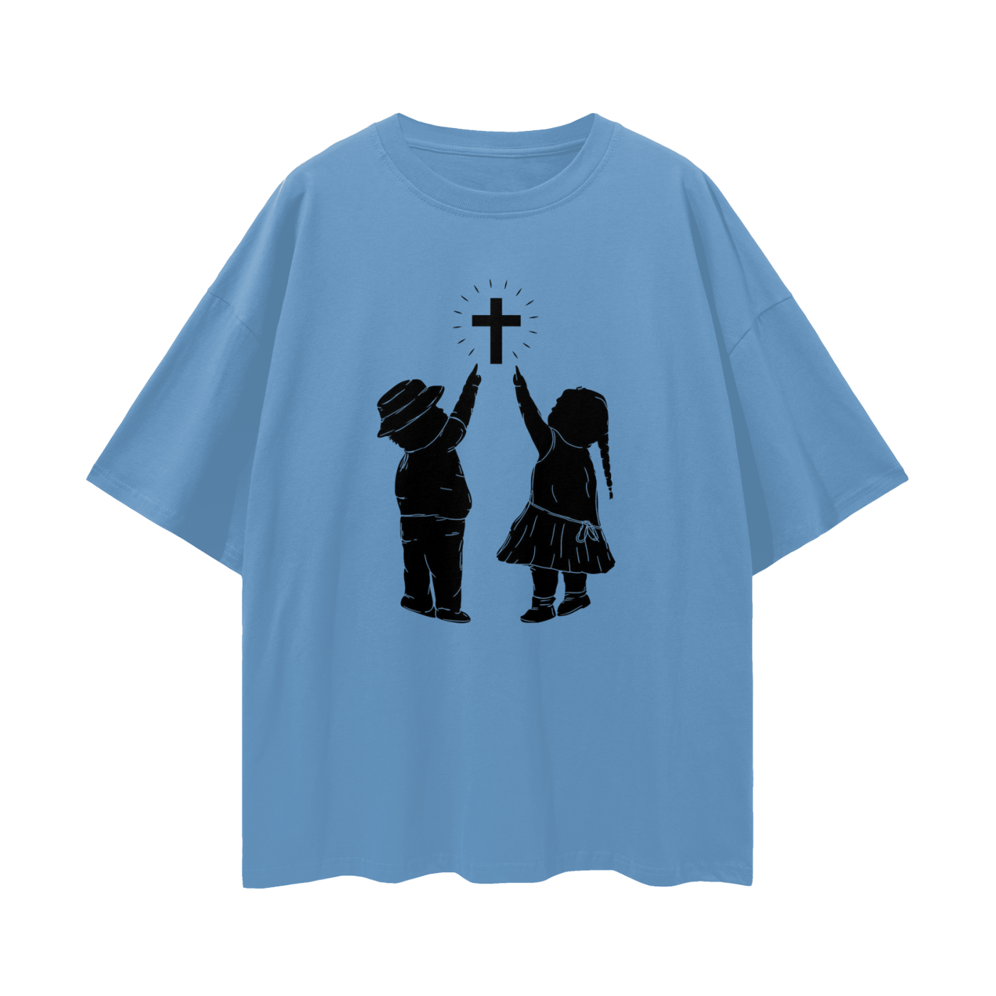 Religious Jesus Children Pointing To Cross Graphic Oversized T Shirt