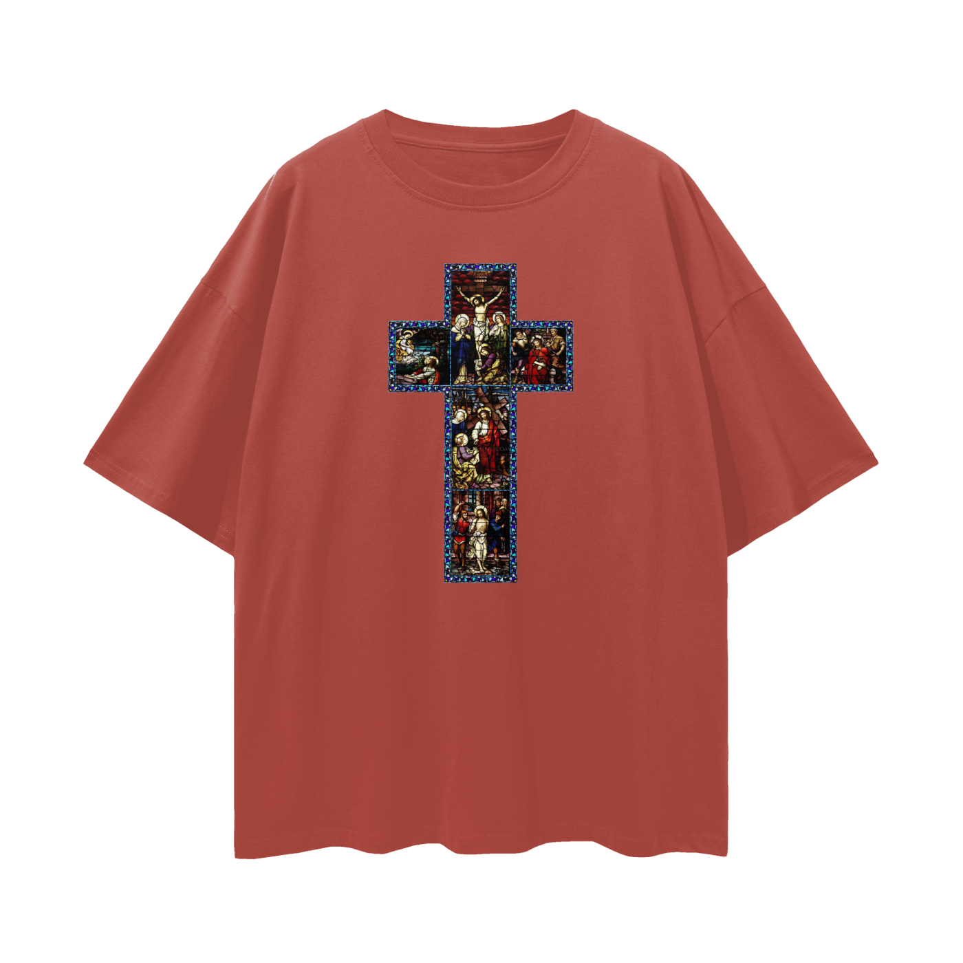 Religious Jesus Cathedral Glass Graphic Oversized T Shirt
