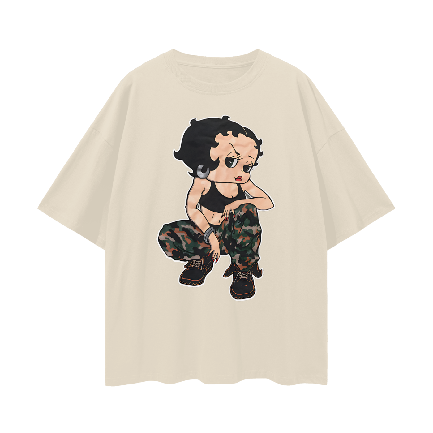 Vintage Like Betty Boop Soldier Camo Star Oversized T Shirt