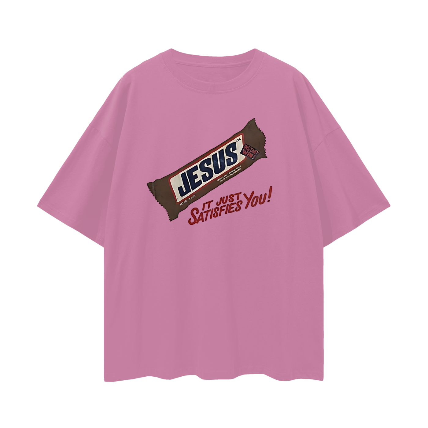 Religious Jesus Snicker Bar "It Just Satisfies You" Graphic Oversized T Shirt
