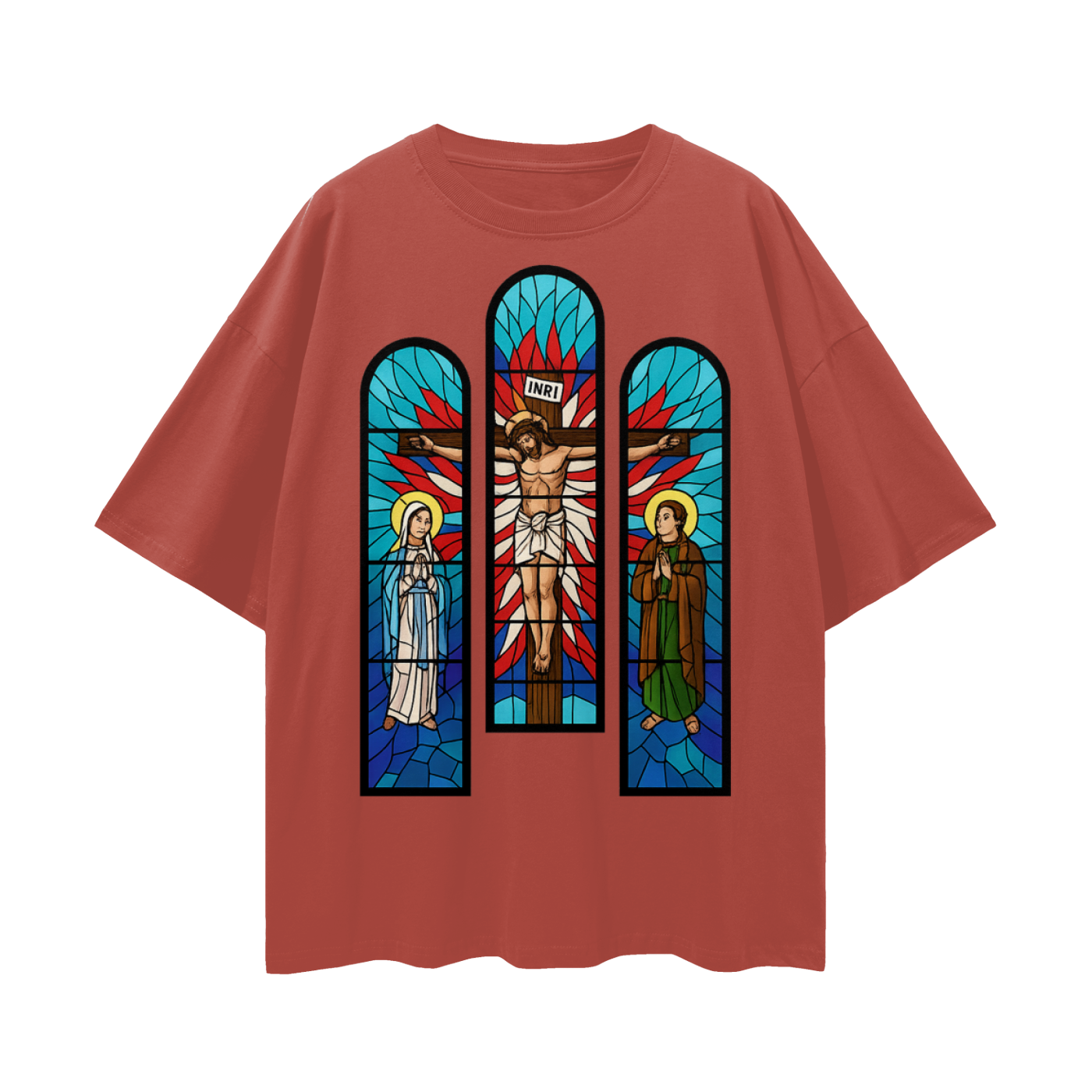 Religious Jesus Cathedral Glass Graphic Oversized T Shirt
