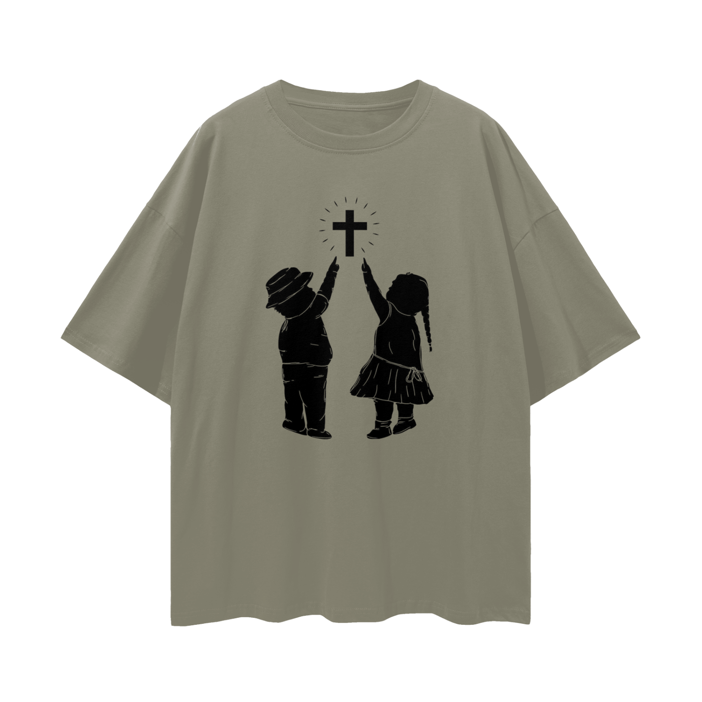 Religious Jesus Children Pointing To Cross Graphic Oversized T Shirt