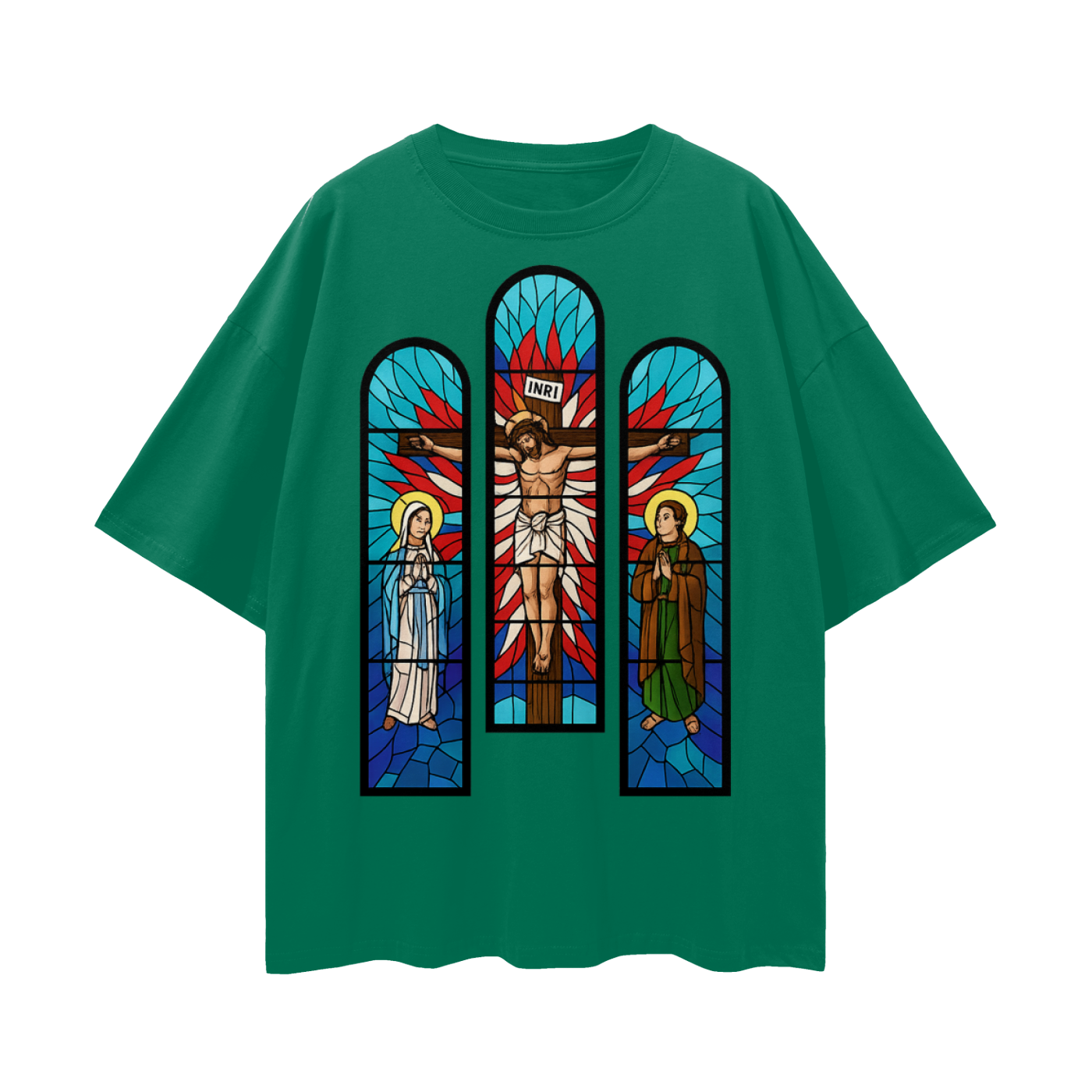 Religious Jesus Cathedral Glass Graphic Oversized T Shirt