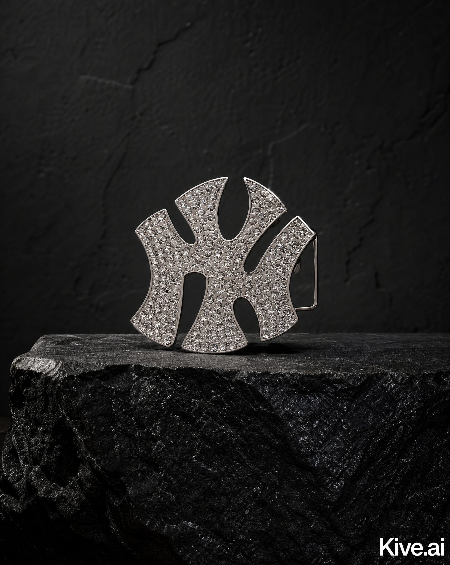 New York Rhinestone Belt Buckle, studio shot on dark stone