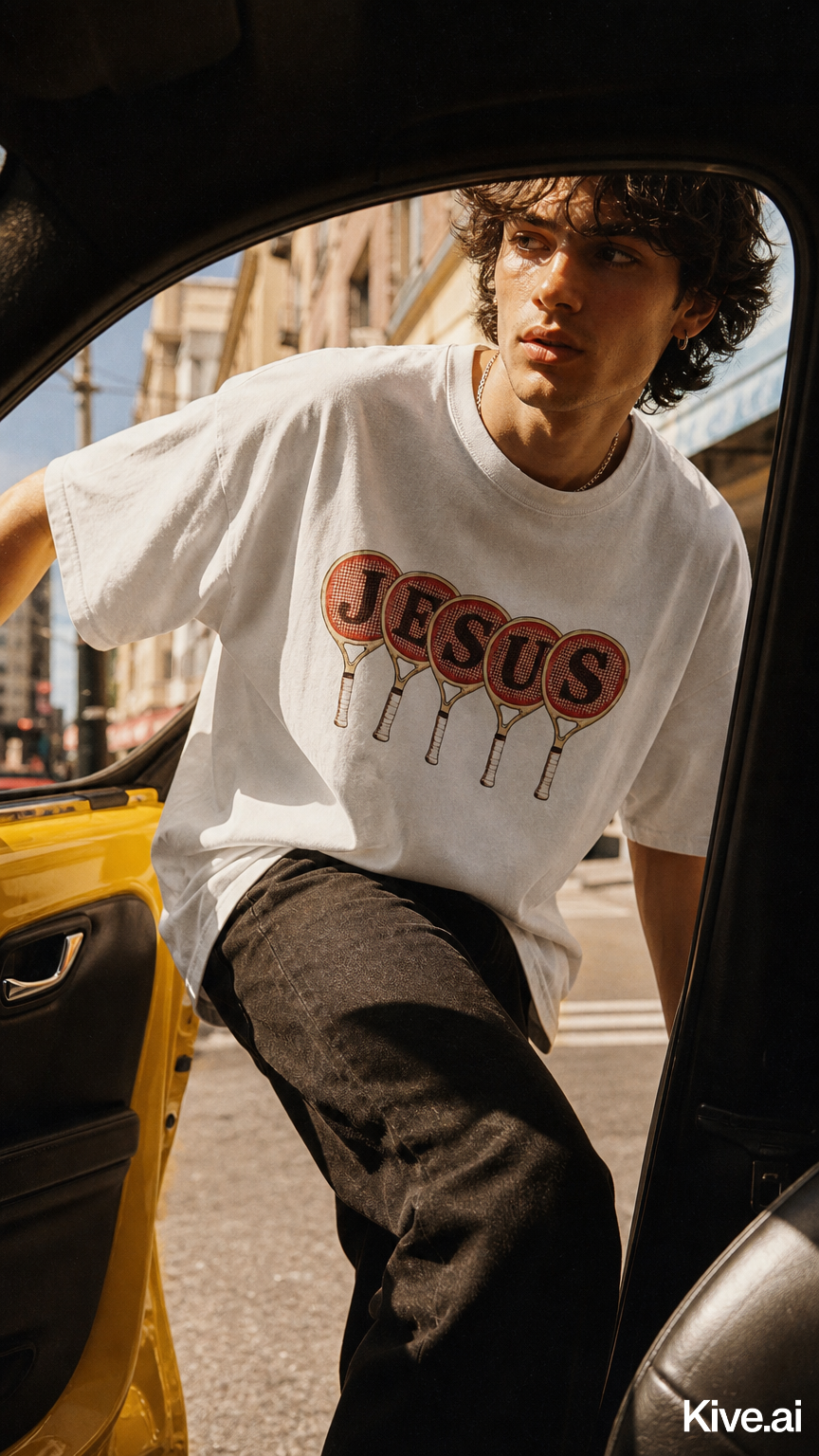 Jesus Tennis Racket graphic tee on model, exiting car