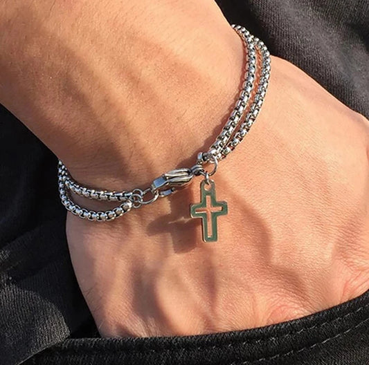 Double Chain Cross Stainless Steel Bracelet