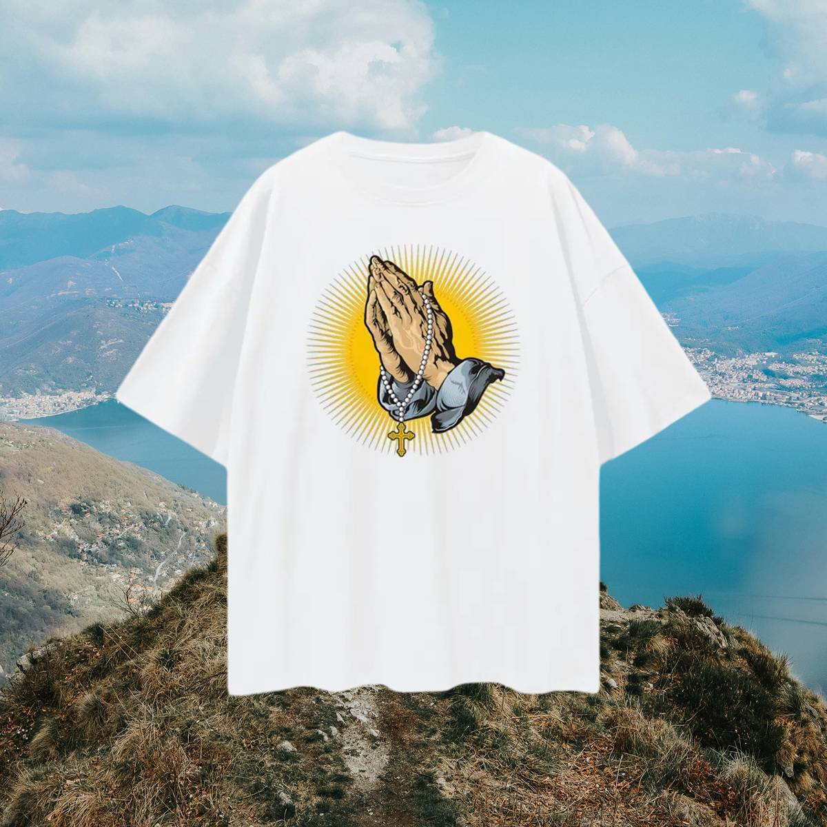 Praying Hands With Rosary Religious Oversized T Shirt
