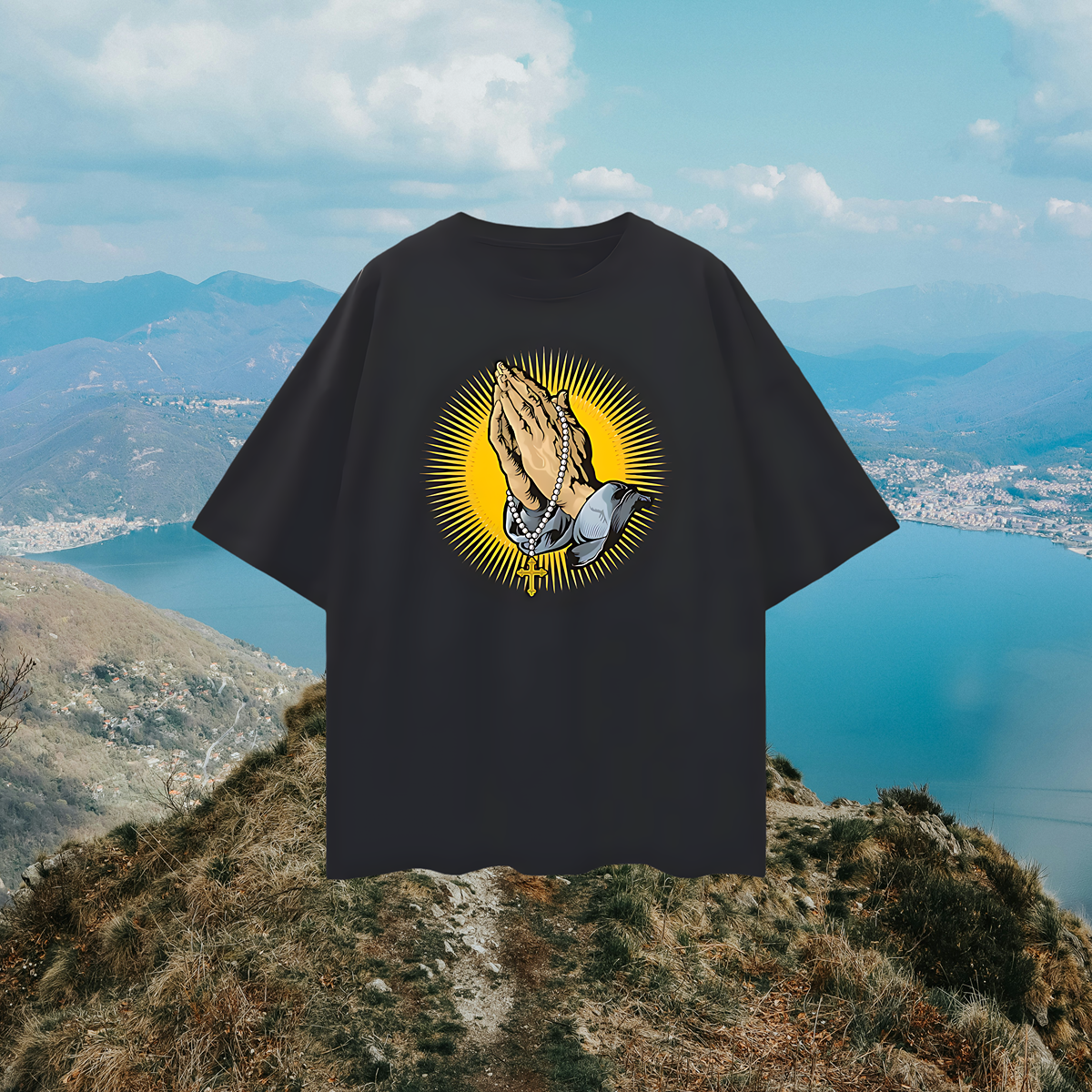Praying Hands With Rosary Religious Oversized T Shirt