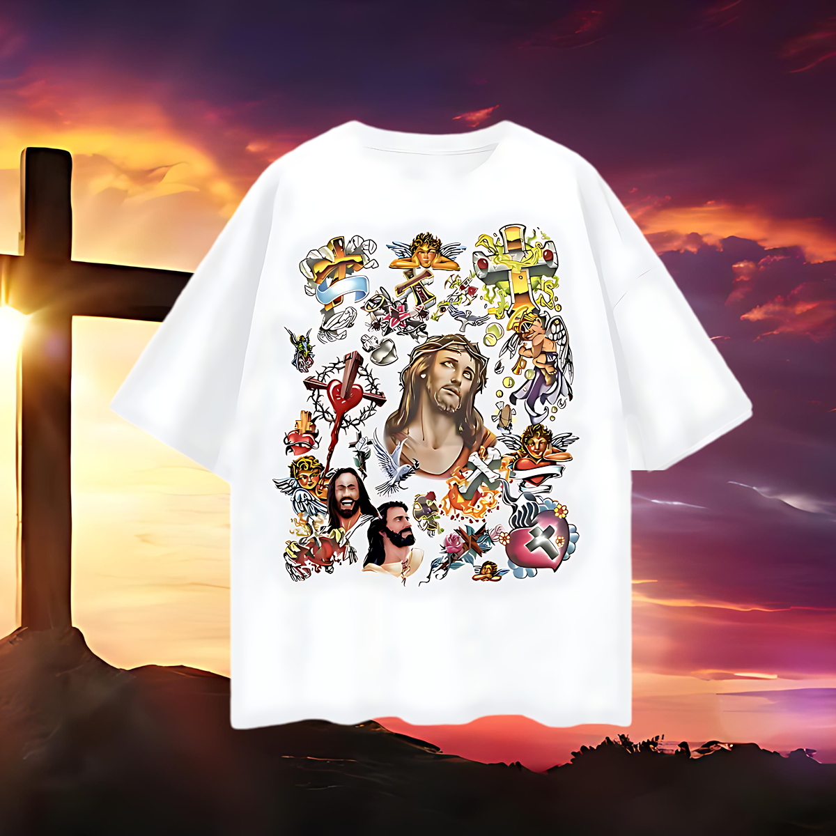 Vintage Like Religious Graffiti Art Oversized T Shirt
