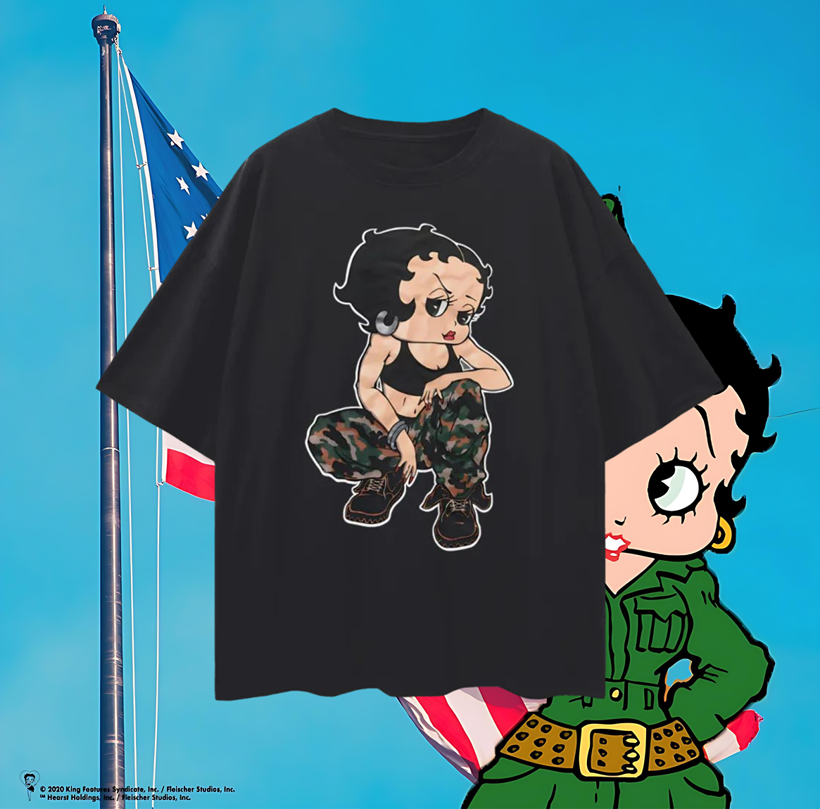 Vintage Like Betty Boop Soldier Camo Star Oversized T Shirt