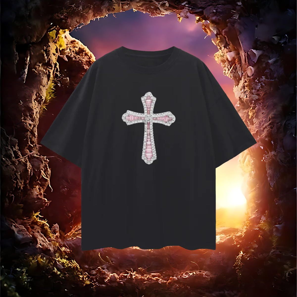 Vintage Like Religious Pink Cross Diamond Blinged Out Graphic Oversized T Shirt