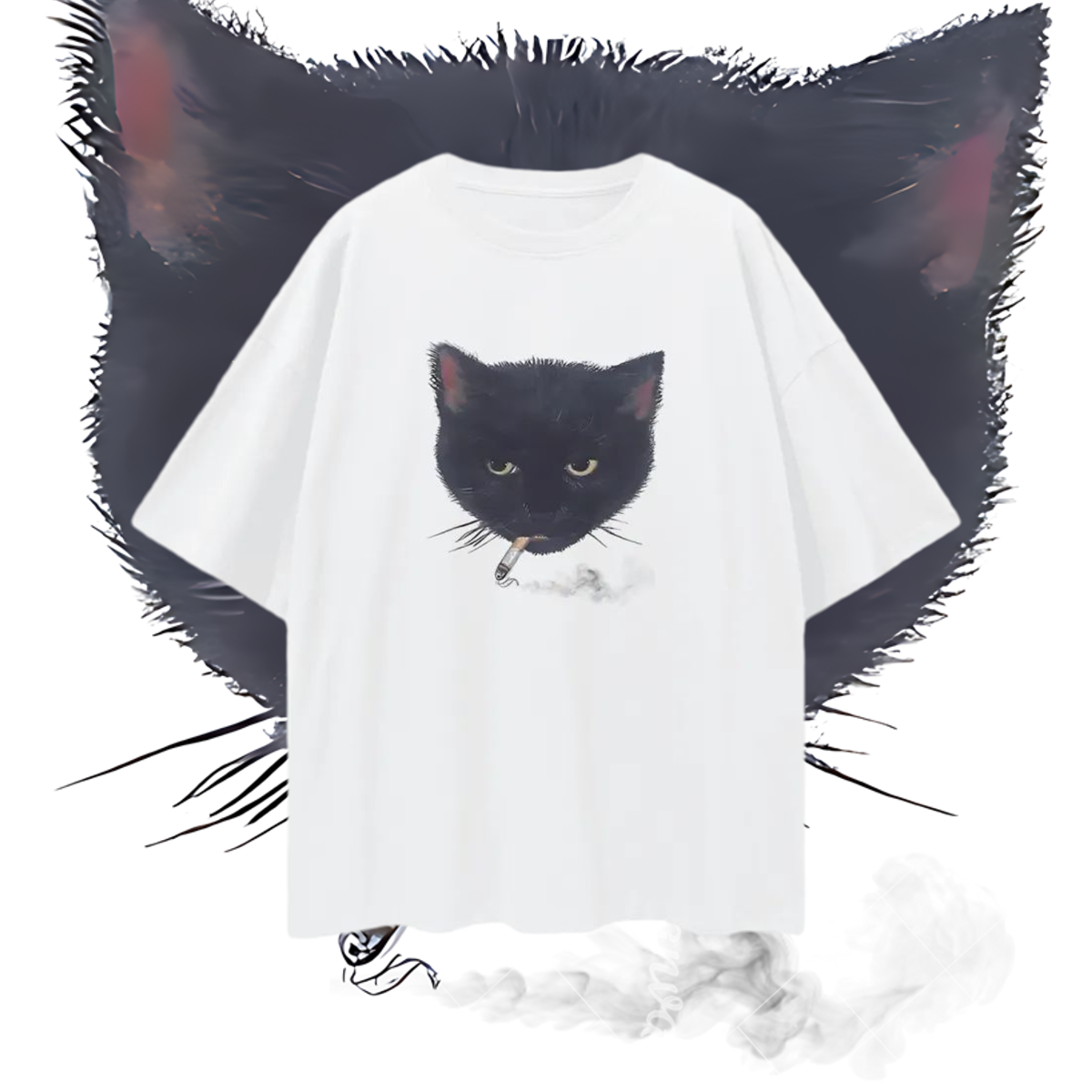 Funny Cat Smoking Cigarette Graphic Oversized T Shirt