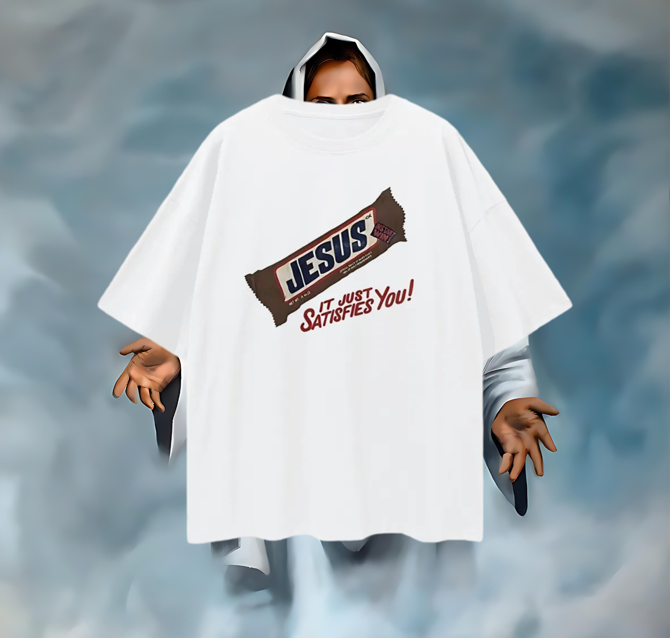 Religious Jesus Snicker Bar "It Just Satisfies You" Graphic Oversized T Shirt