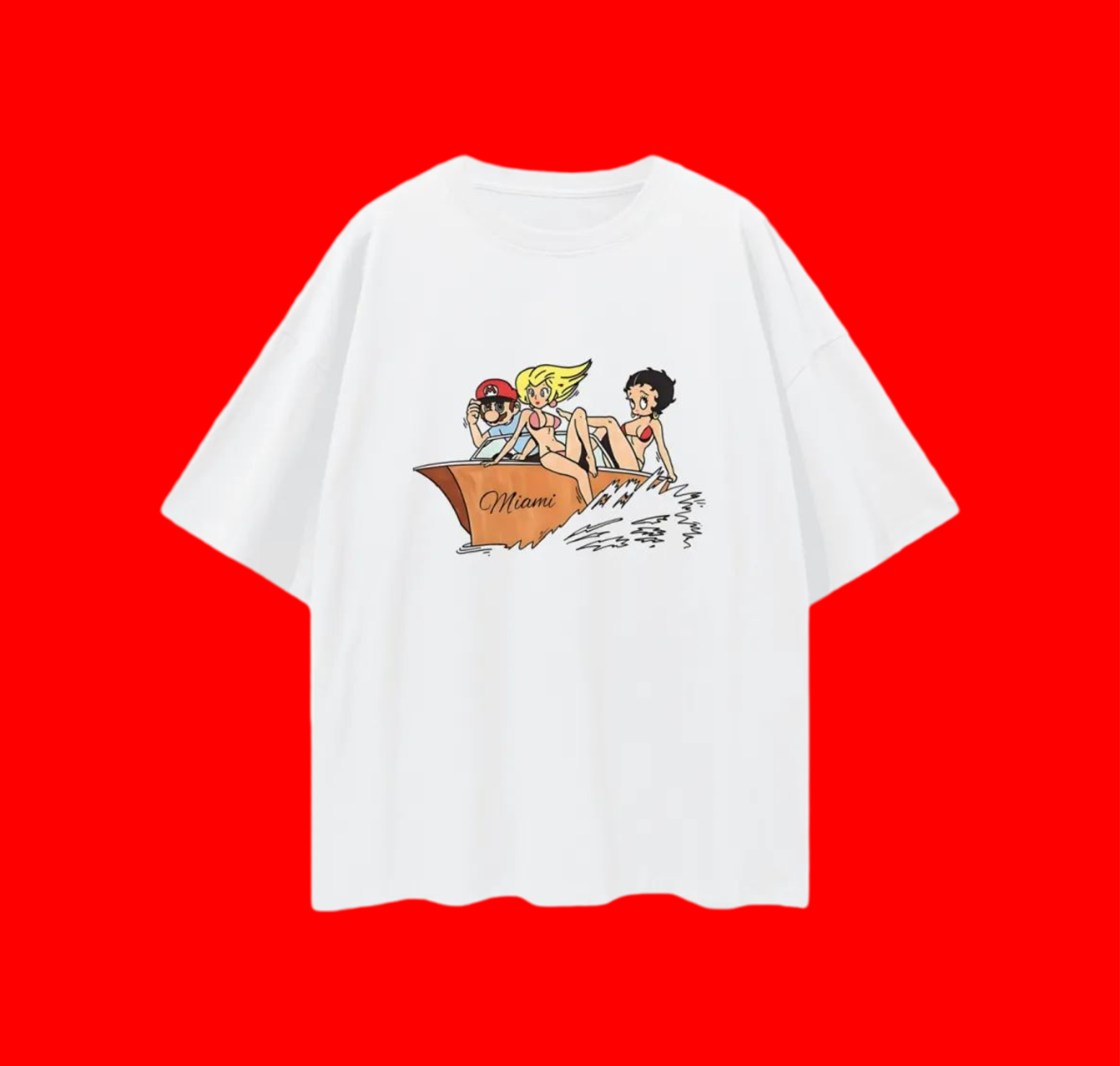 Funny Mario Peach & Betty Boop Miami Boat Graphic Oversized T Shirt