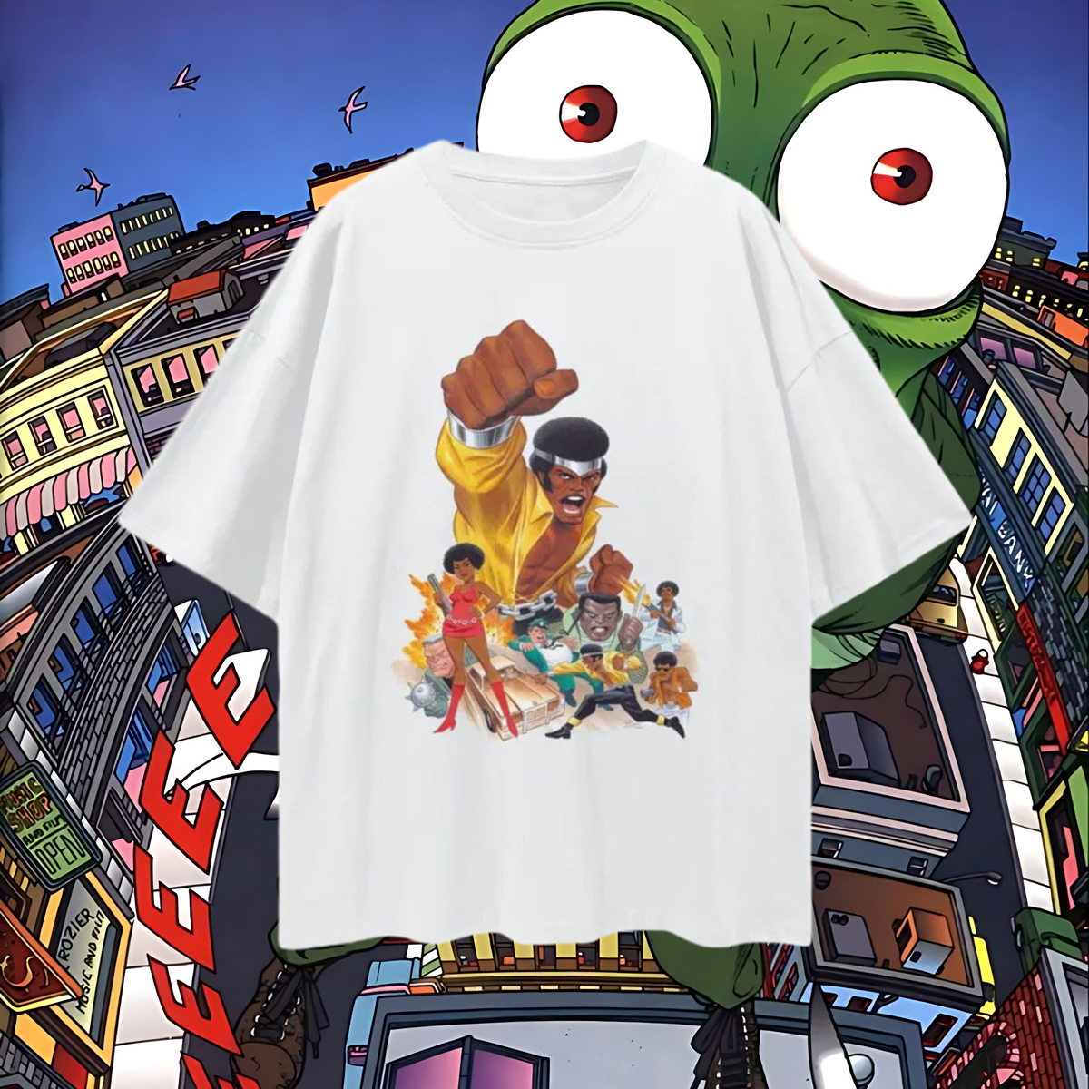 Bruce Timm’s Power Man 90s Vintage Like Graphic Oversized T Shirt