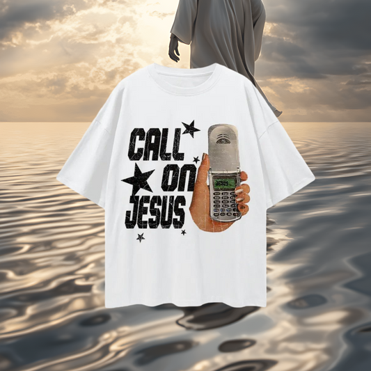 Religious Call On Jesus Cell Phone Y2K Vintage Like Graphic Oversized T Shirt