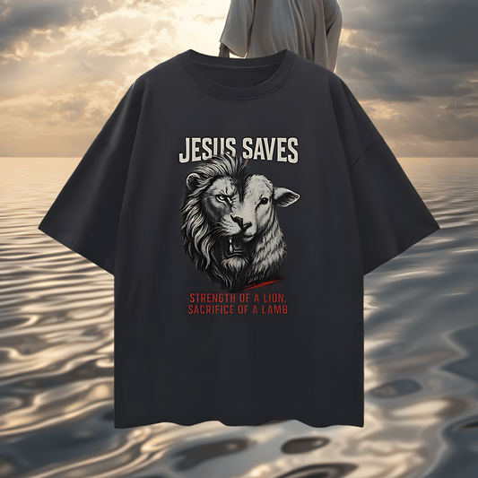 Religious "Jesus Saves – The Lion & The Lamb" Graphic Oversized T Shirt