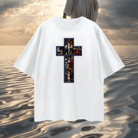 Religious Jesus Cathedral Glass Graphic Oversized T Shirt