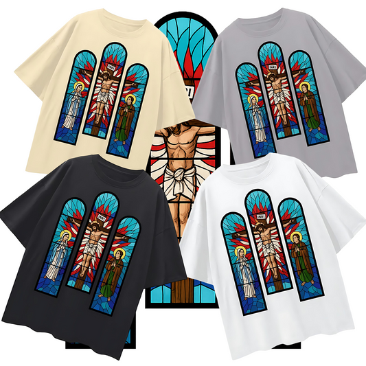 Religious Jesus Cathedral Glass Graphic Oversized T Shirt