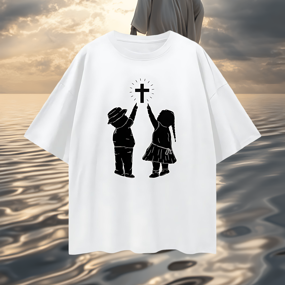 Religious Jesus Children Pointing To Cross Graphic Oversized T Shirt