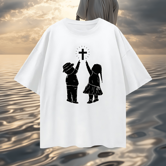 Religious Jesus Children Pointing To Cross Graphic Oversized T Shirt