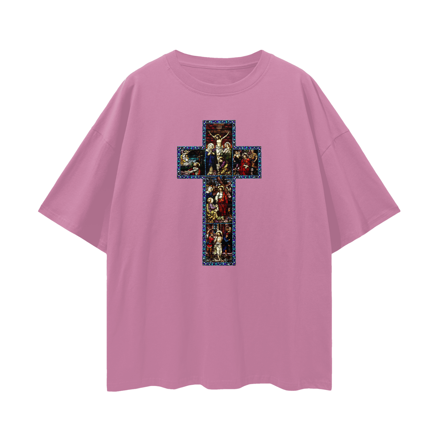 Religious Jesus Cathedral Glass Graphic Oversized T Shirt