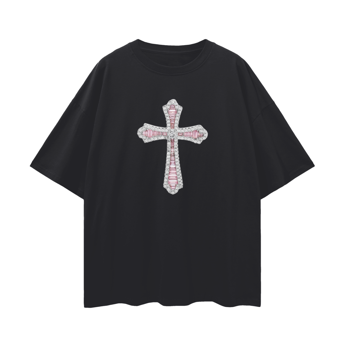 Vintage Like Religious Pink Cross Diamond Blinged Out Graphic Oversized T Shirt