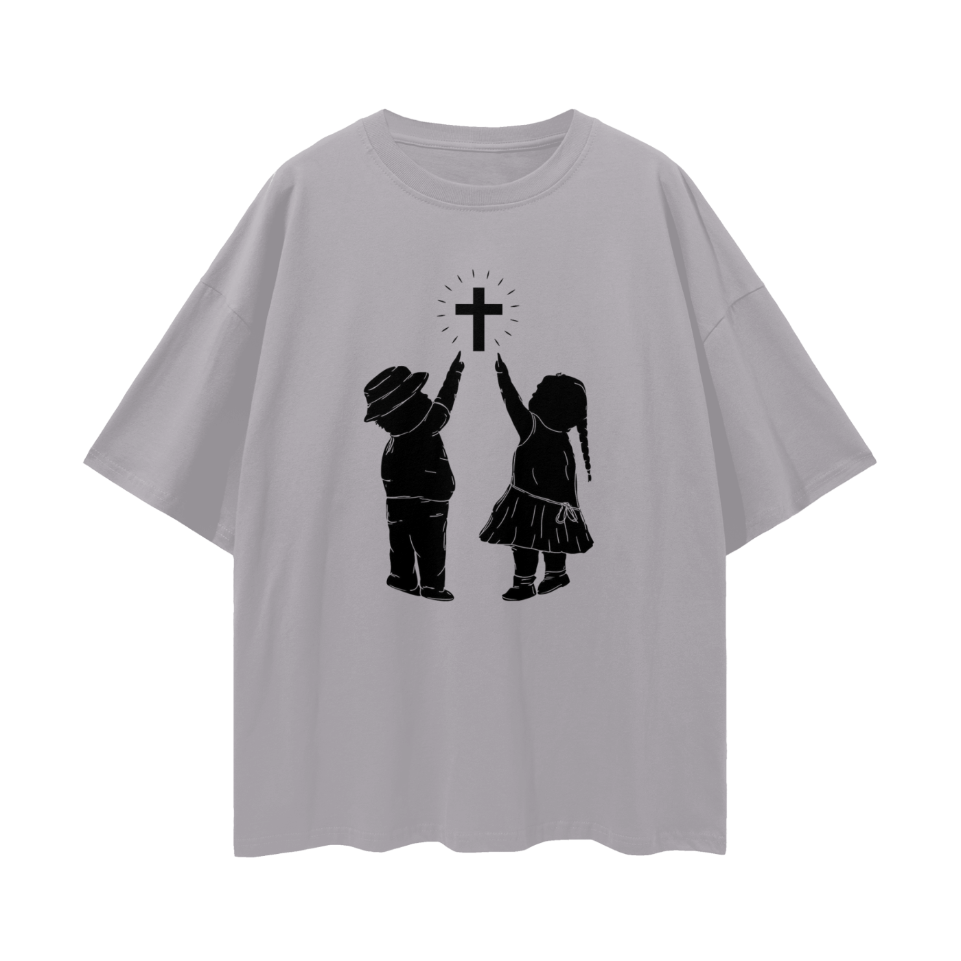 Religious Jesus Children Pointing To Cross Graphic Oversized T Shirt