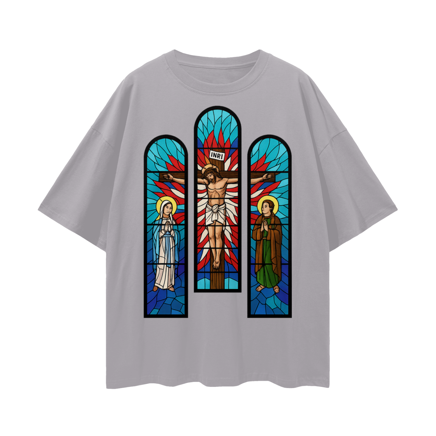 Religious Jesus Cathedral Glass Graphic Oversized T Shirt