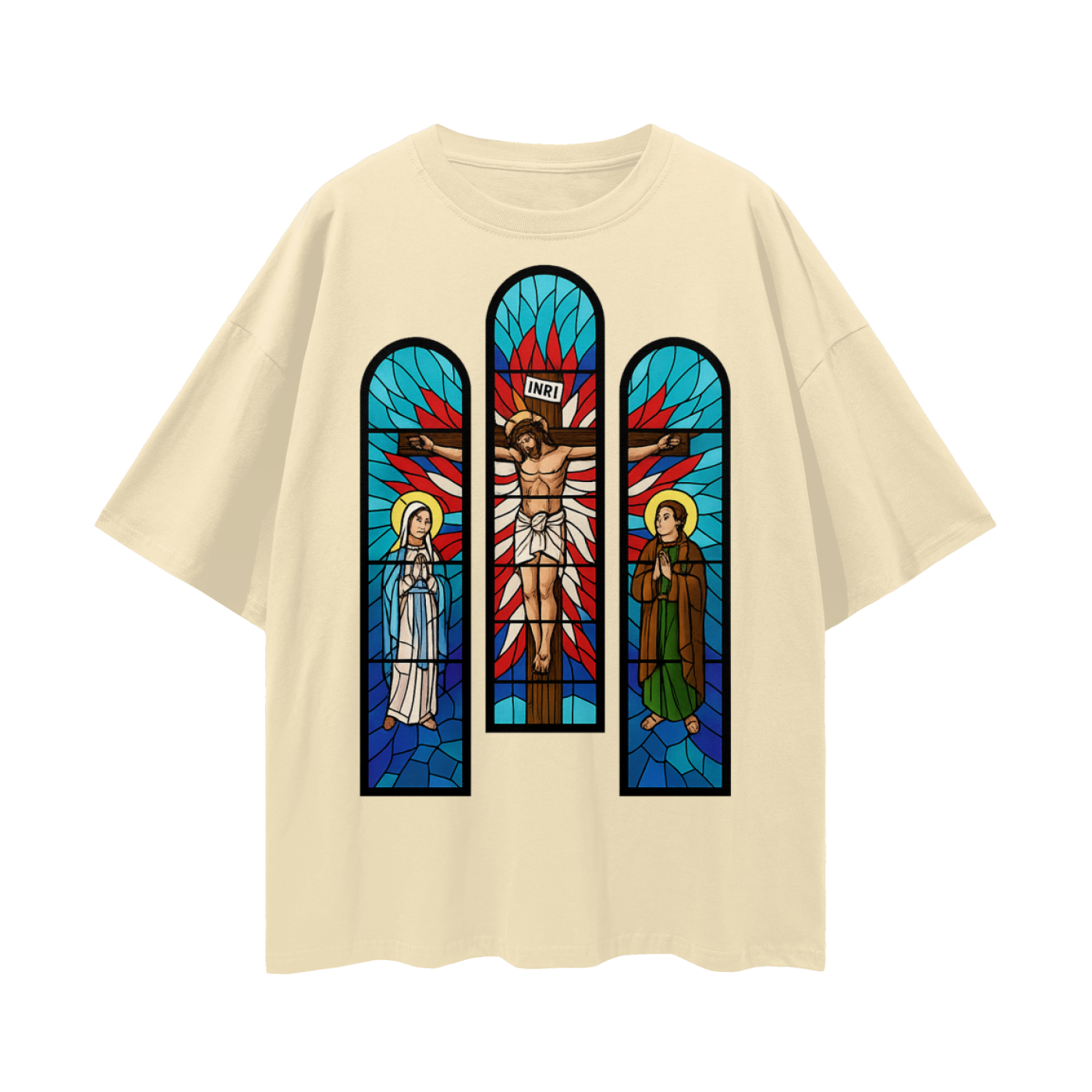 Religious Jesus Cathedral Glass Graphic Oversized T Shirt