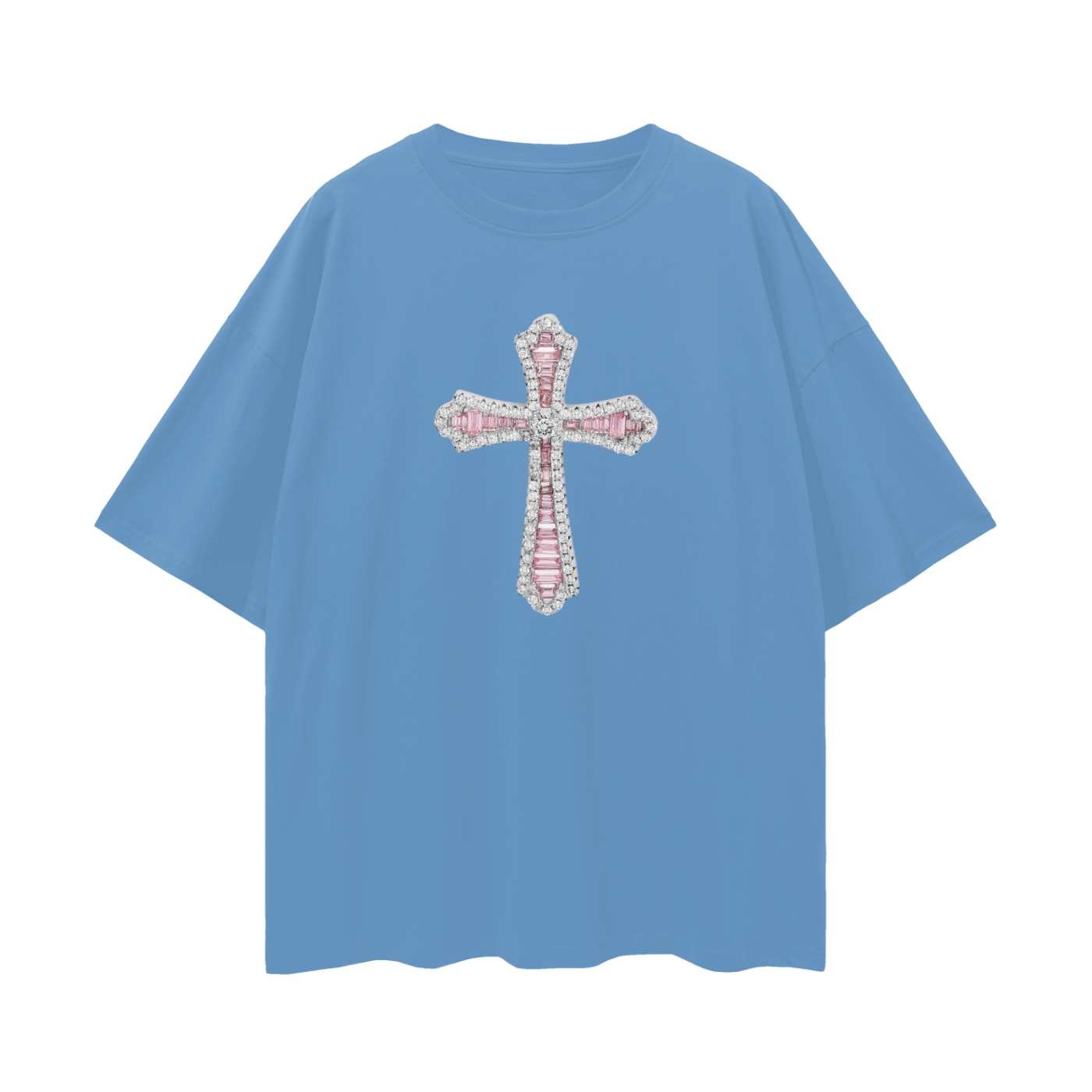 Vintage Like Religious Pink Cross Diamond Blinged Out Graphic Oversized T Shirt