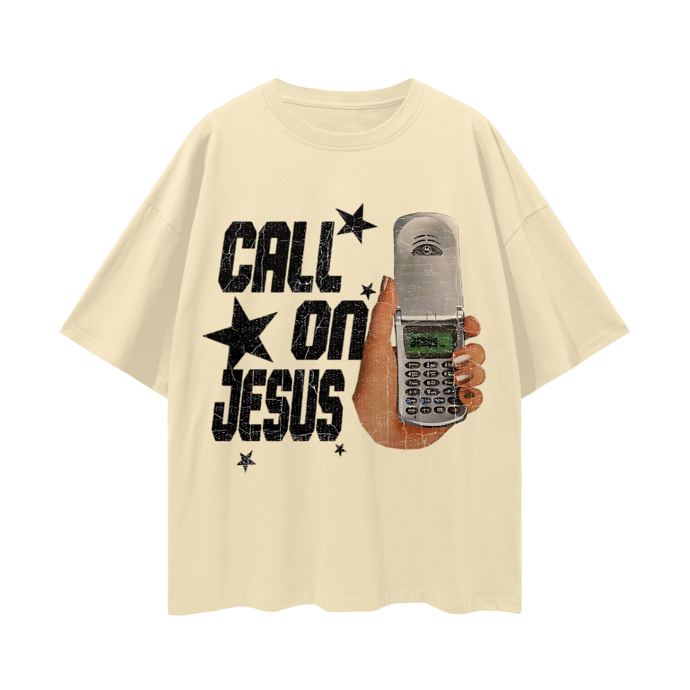 Religious Call On Jesus Cell Phone Y2K Vintage Like Graphic Oversized T Shirt