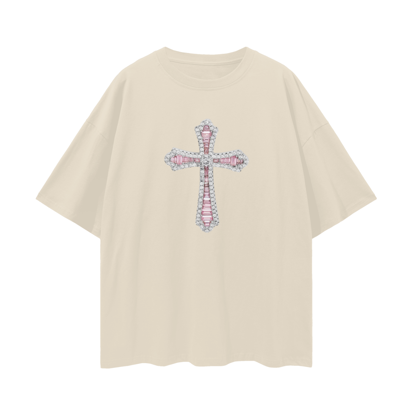 Vintage Like Religious Pink Cross Diamond Blinged Out Graphic Oversized T Shirt