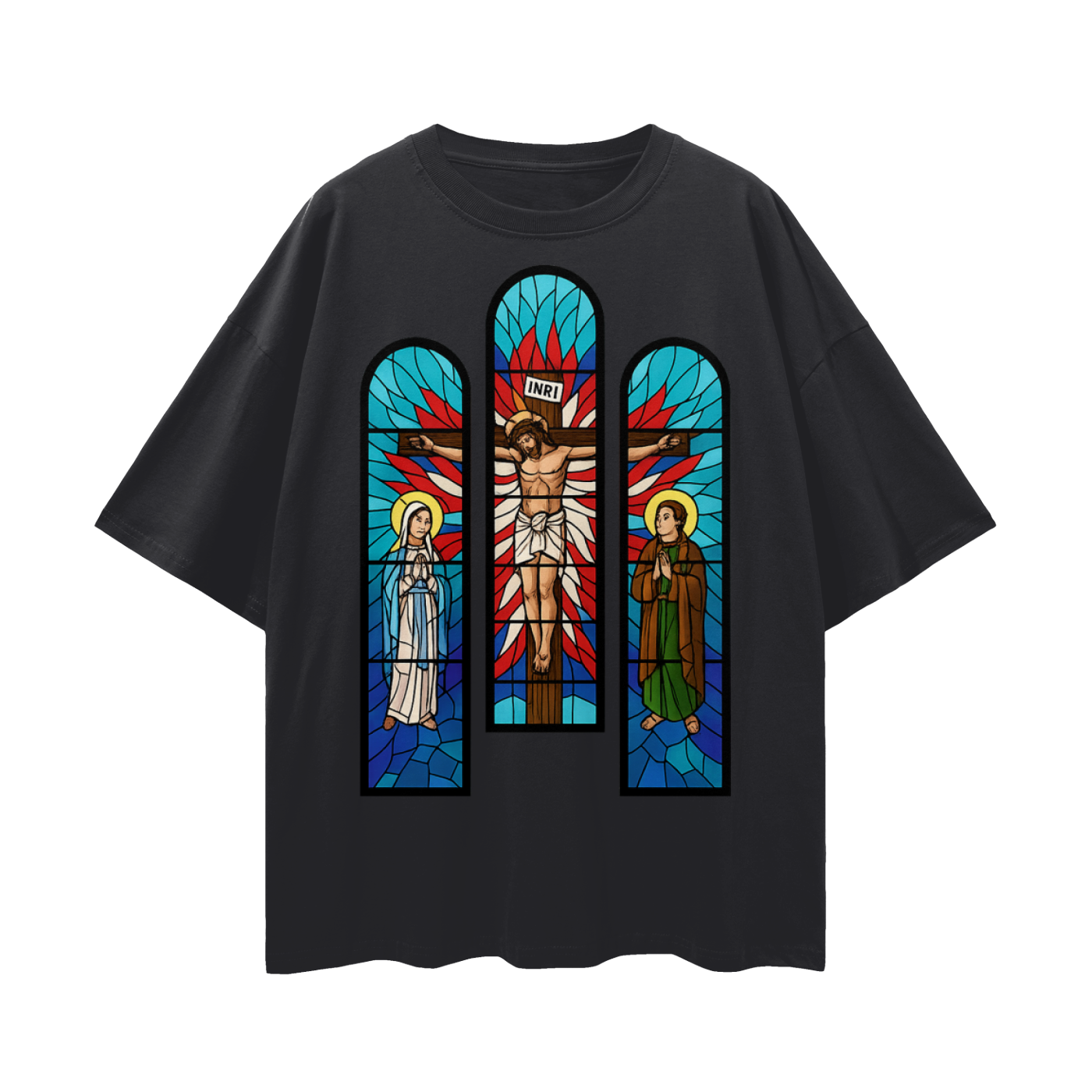 Religious Jesus Cathedral Glass Graphic Oversized T Shirt